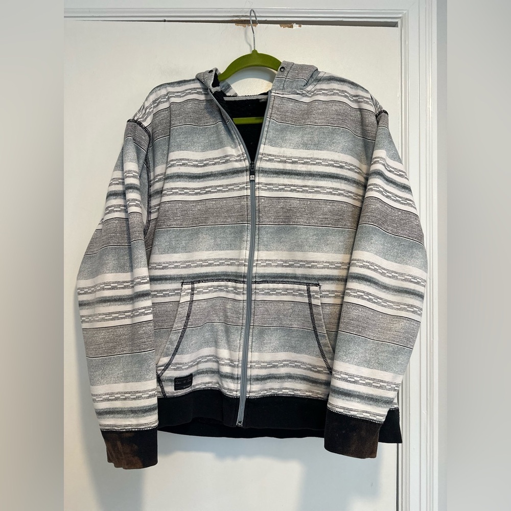 Ocean Current Surfer Style Sz:XL Sherpa Lined Blue Gray Striped Full Zip Hoodie.